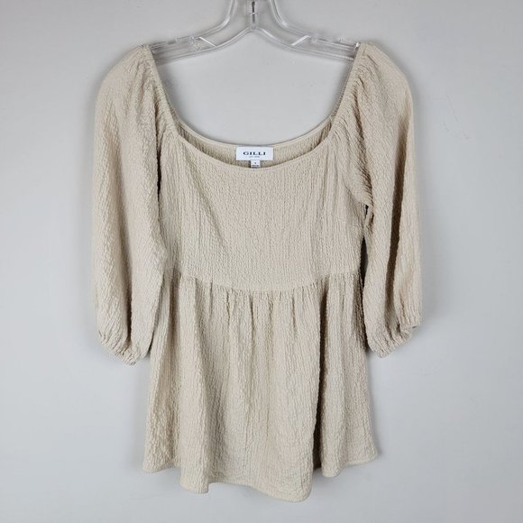 Gilli Cream Stretchy Textured Scoop Neck Puff Sleeves Pleated Relaxed Top Size S - Picture 1 of 5